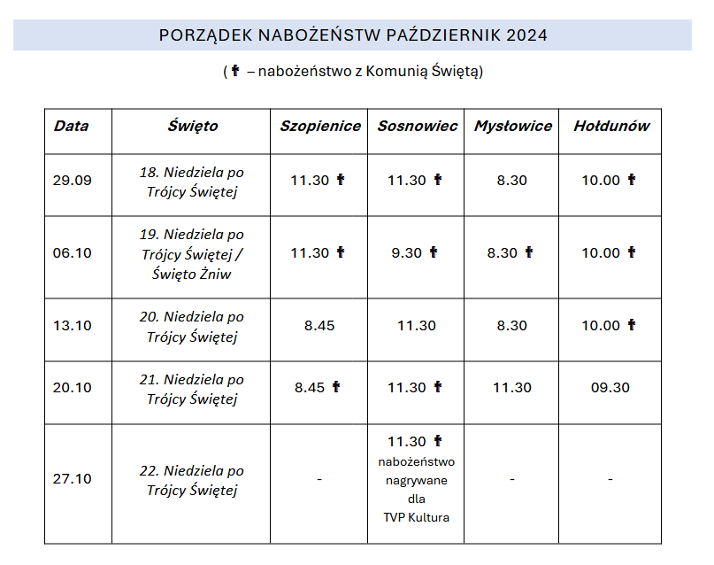 Ogłoszenia parafialne – 18. Niedziela po Trójcy Świętej. 1 porzadek nabozenstw pazdziernik 2024