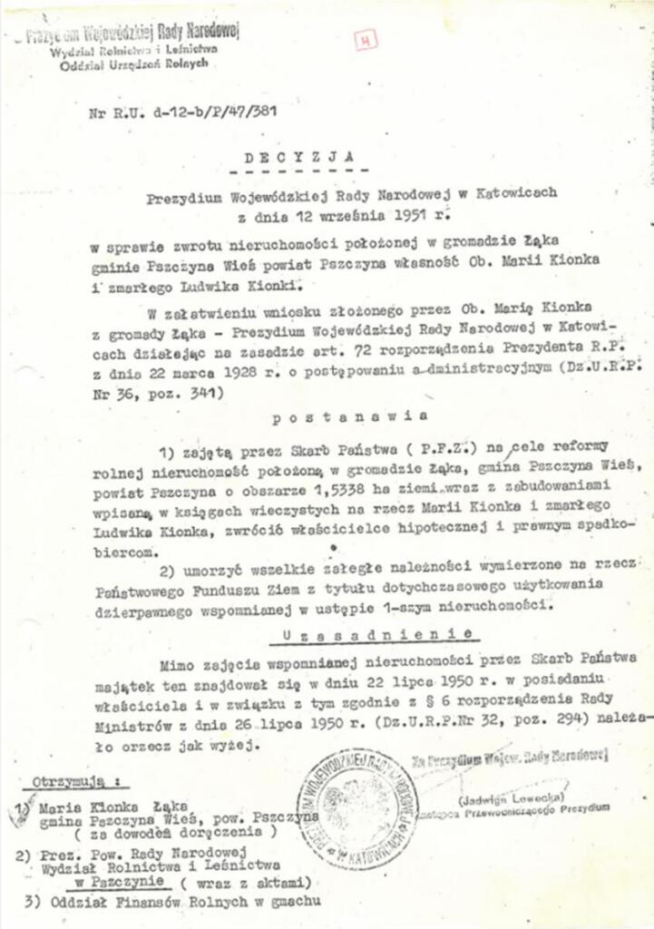 Oma Maria aus Łąka: 4 decyzja o zwrocie wlasnosci